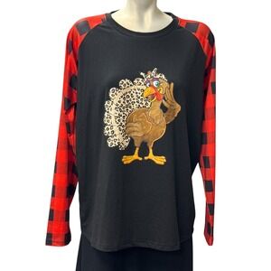 Black and Red Check Long Sleeves Unisex Sweatshirt L Turkey w/ Leopard Feathers‎